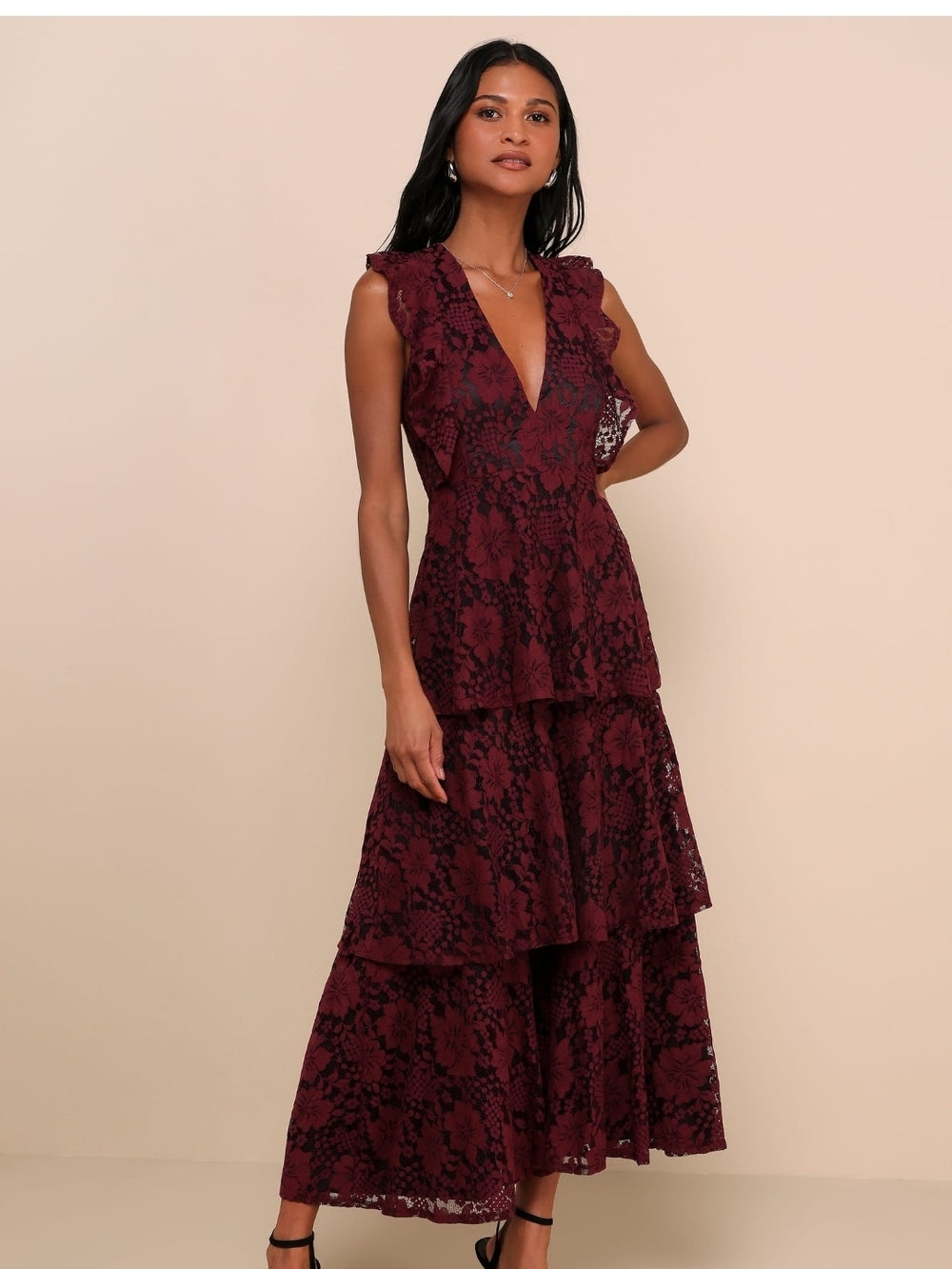Lulus Molinetto Burgundy Lace Ruffled Tiered Sleeveless Maxi DressLulus XL